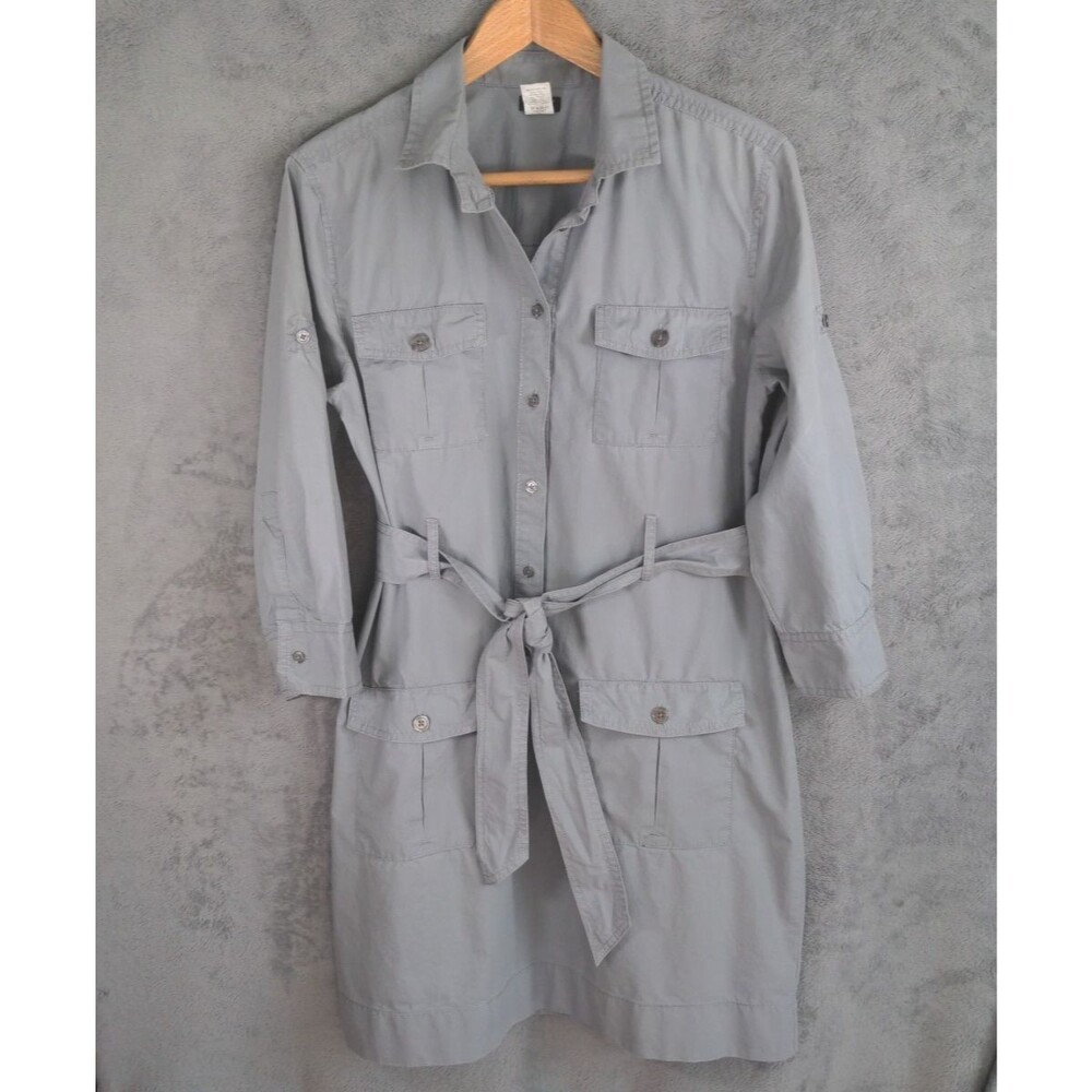 J Crew Long Sleeve Utility Shirt Dress Sz M Gray Pockets Belted Safari Classic